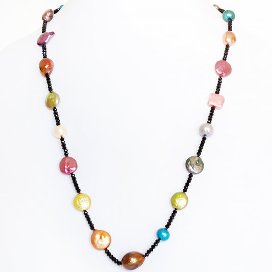 Multi Colour Fresh Water Pearl and Onyx Necklace - 62cm - Victoria's Jewellery