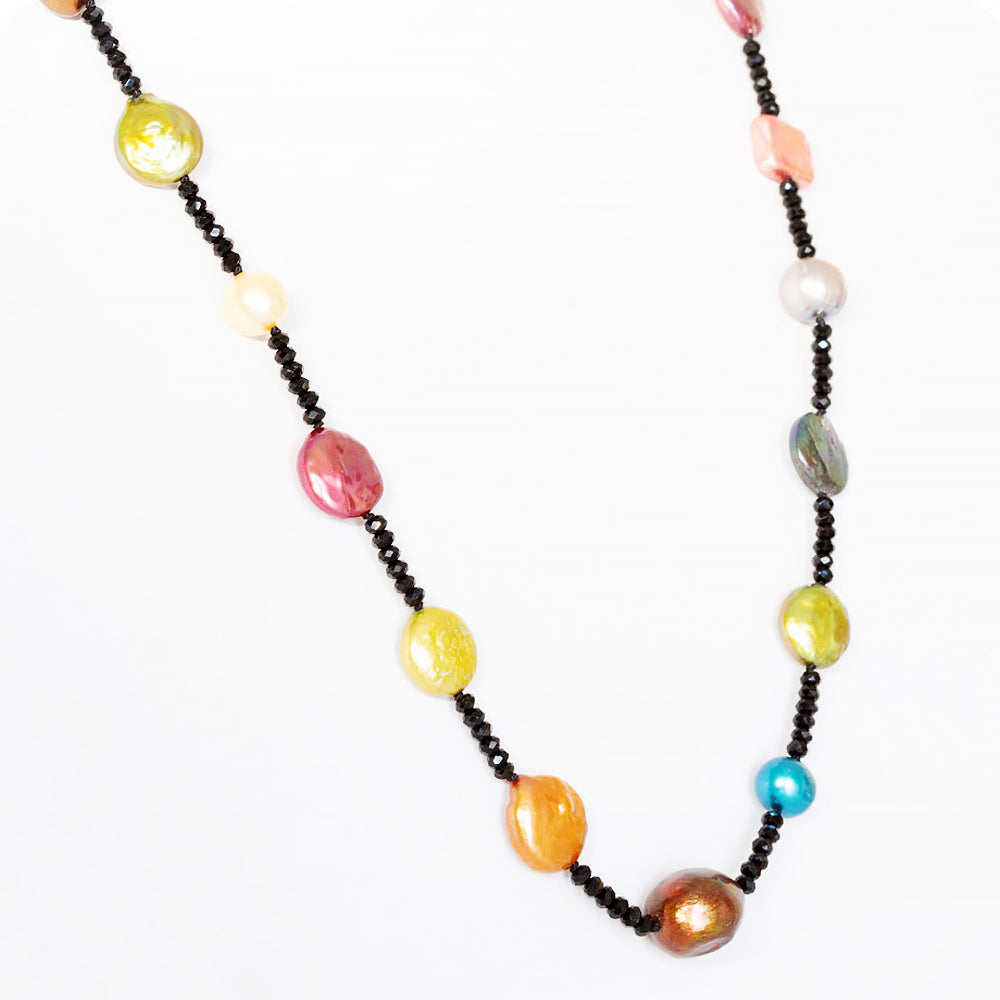 Multi Colour Fresh Water Pearl and Onyx Necklace - 62cm - Victoria's Jewellery
