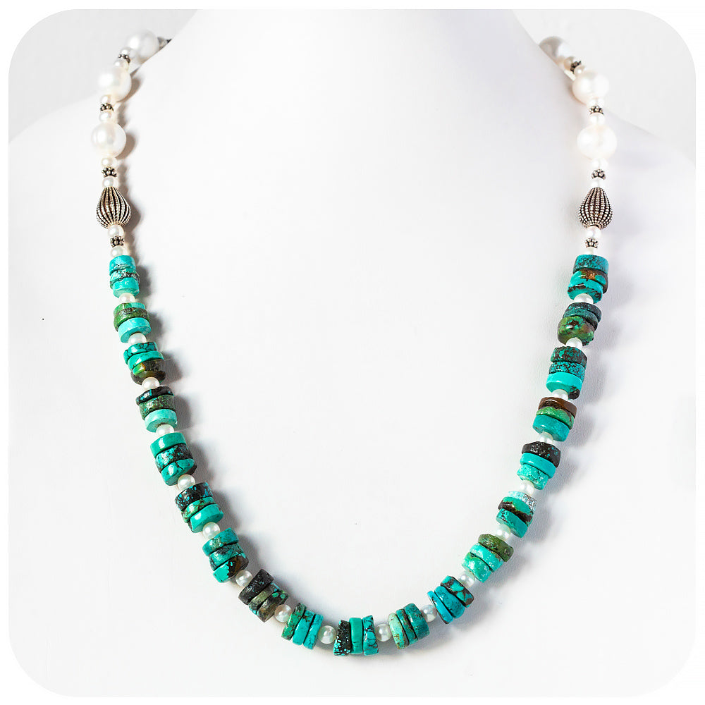 Fresh Water Pearl and Turquoise Necklace with Sterling Silver Details - 58cm