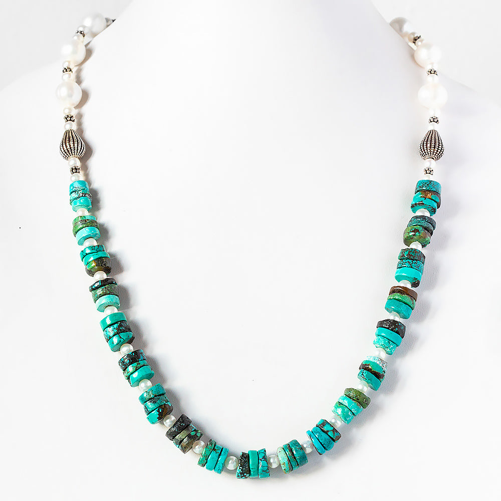 Fresh Water Pearl and Turquoise Necklace with Sterling Silver Details - 58cm - Victoria's Jewellery