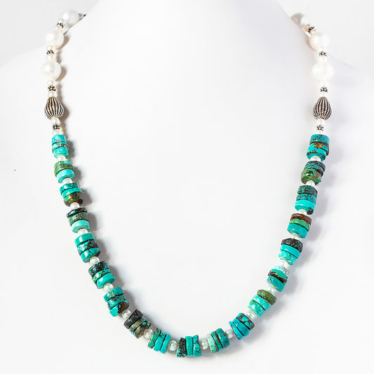 Fresh Water Pearl and Turquoise Necklace with Sterling Silver Details - 58cm - Victoria's Jewellery