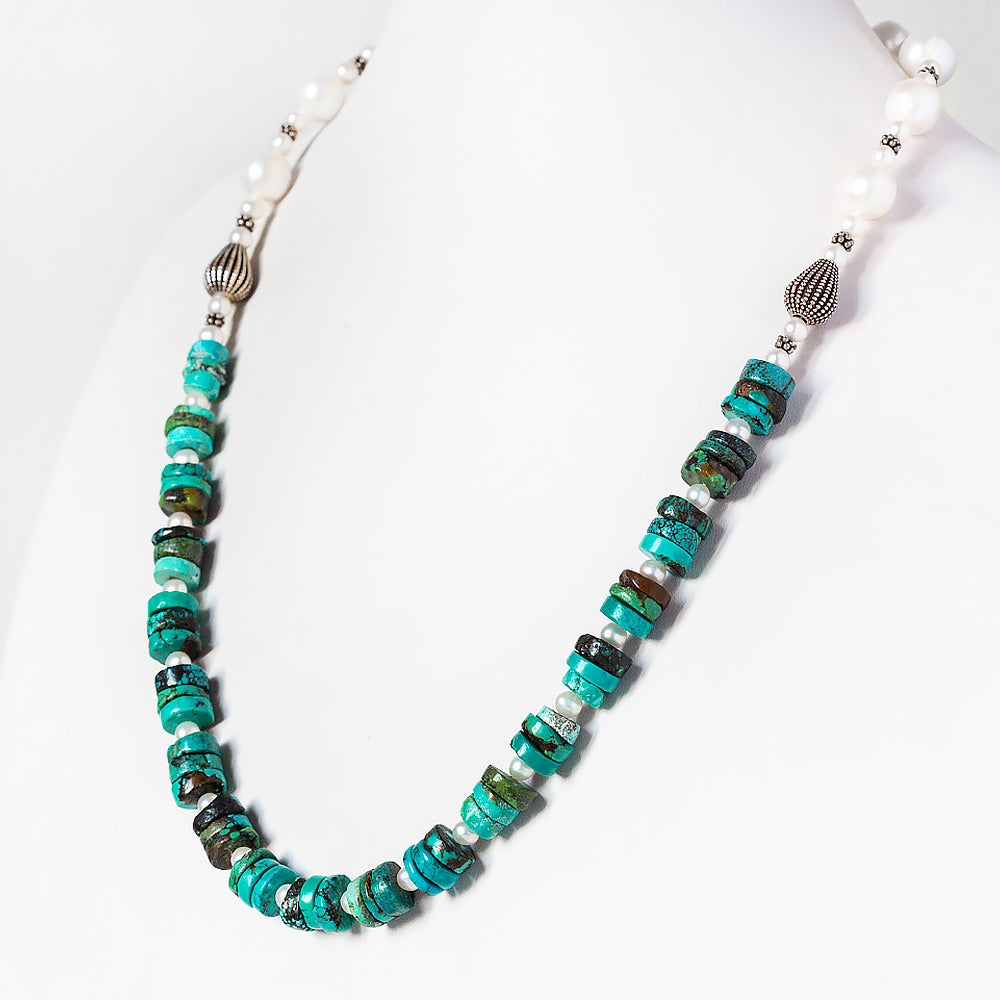 Fresh Water Pearl and Turquoise Necklace with Sterling Silver Details - 58cm - Victoria's Jewellery