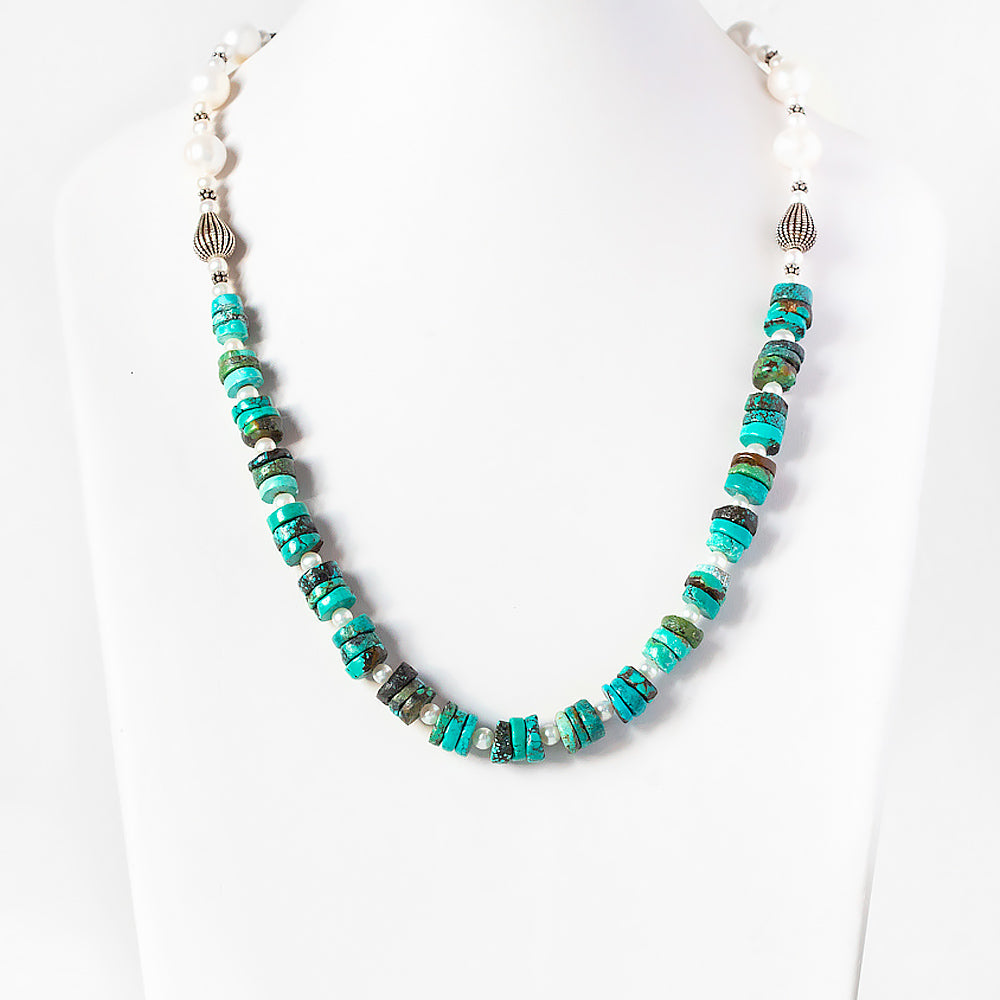 Fresh Water Pearl and Turquoise Necklace with Sterling Silver Details - 58cm - Victoria's Jewellery