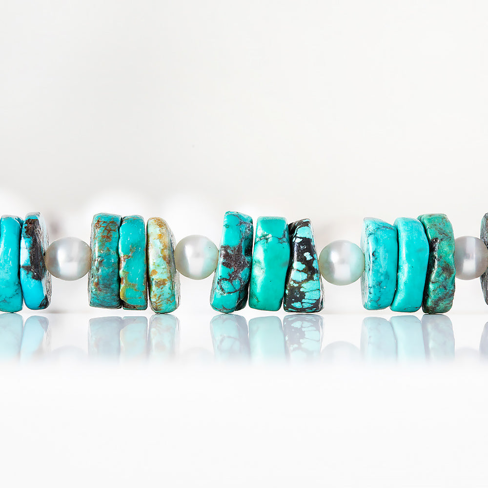 Fresh Water Pearl and Turquoise Necklace with Sterling Silver Details - 58cm - Victoria's Jewellery