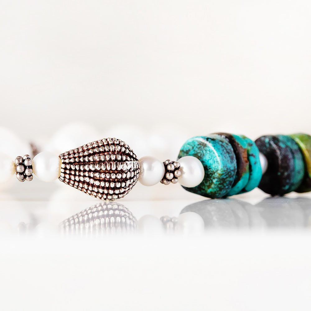Fresh Water Pearl and Turquoise Necklace with Sterling Silver Details - 58cm - Victoria's Jewellery