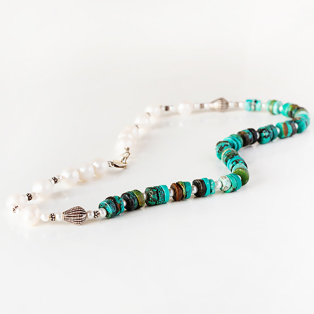 Fresh Water Pearl and Turquoise Necklace with Sterling Silver Details - 58cm - Victoria's Jewellery