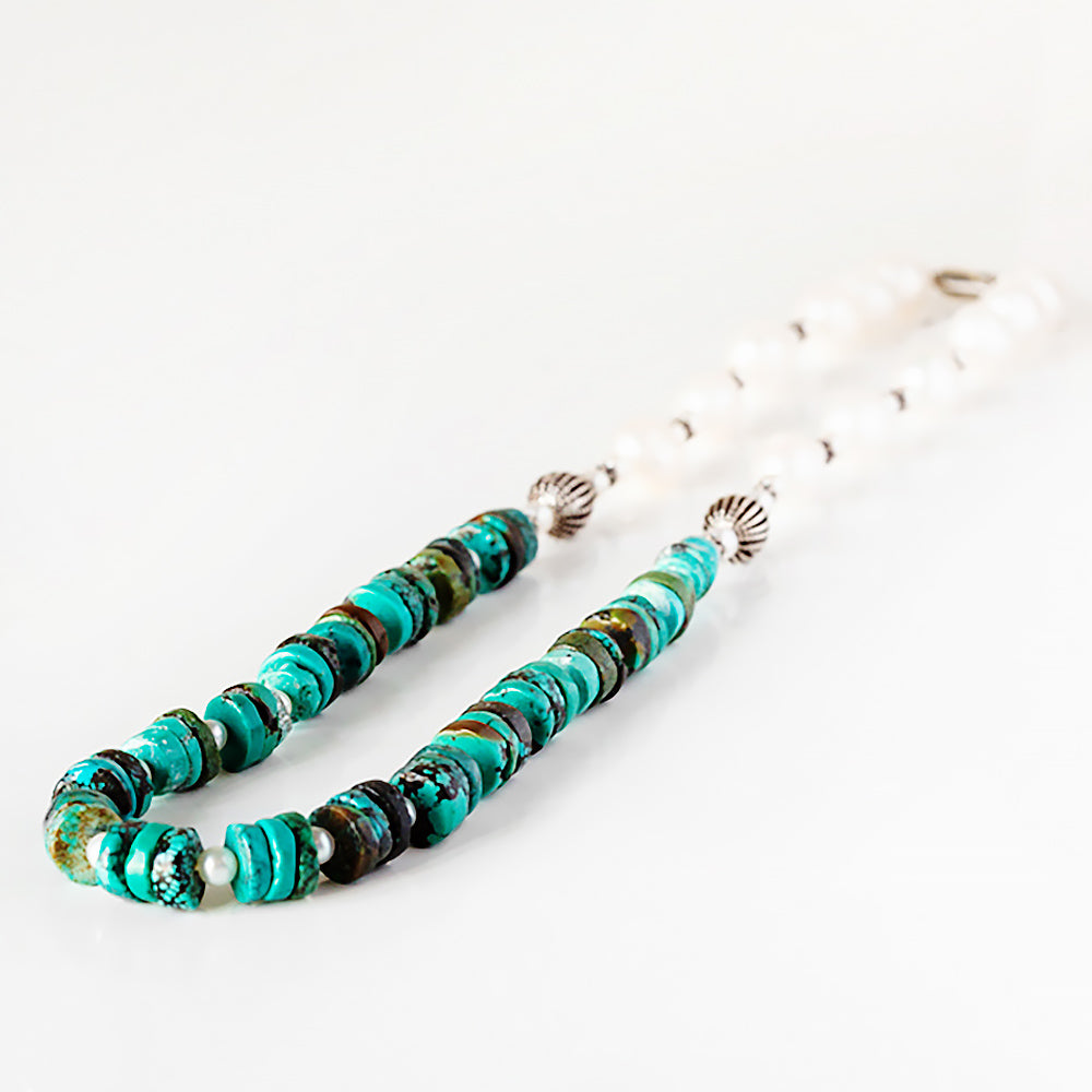 Fresh Water Pearl and Turquoise Necklace with Sterling Silver Details - 58cm - Victoria's Jewellery