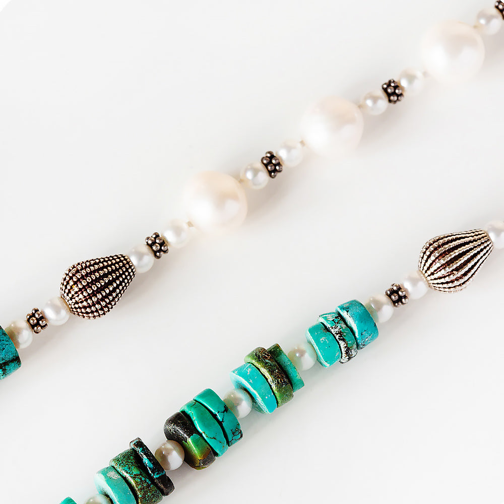 Fresh Water Pearl and Turquoise Necklace with Sterling Silver Details - 58cm - Victoria's Jewellery