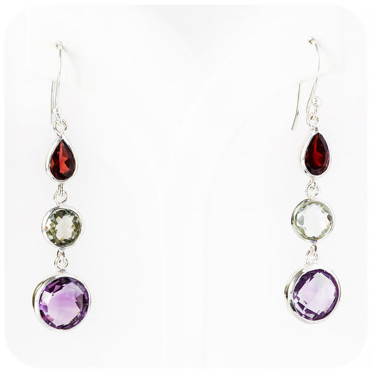 Garnet, Prasiolite and Amethyst Drop Earrings