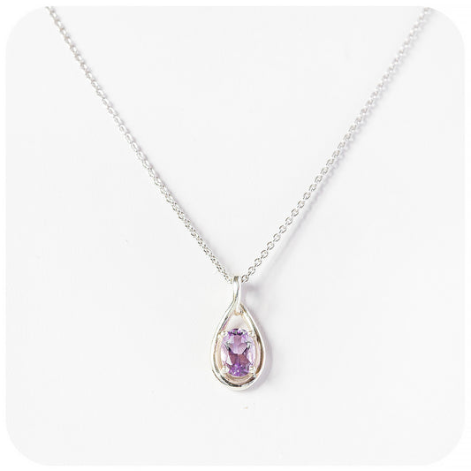 oval cut pink amethyst, february birthstone pendant and chain