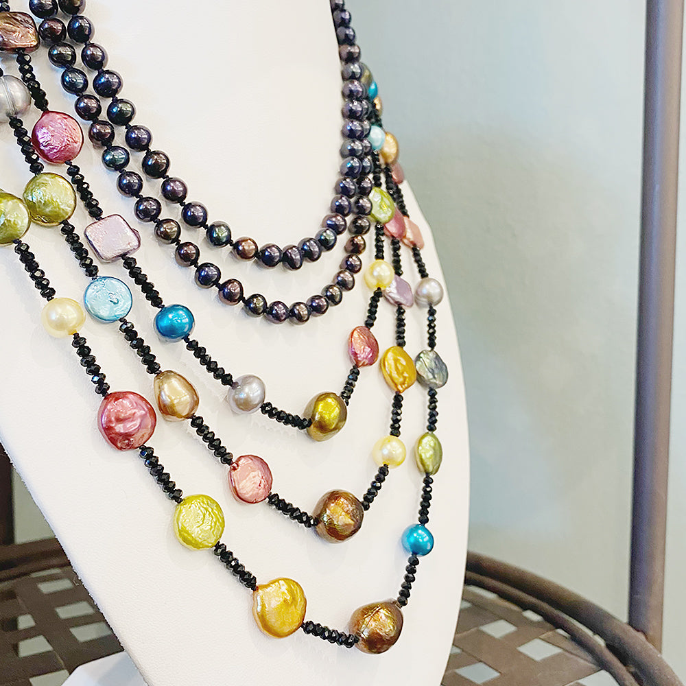 Multi Colour Fresh Water Pearl and Onyx Necklace - 55cm - Victoria's Jewellery