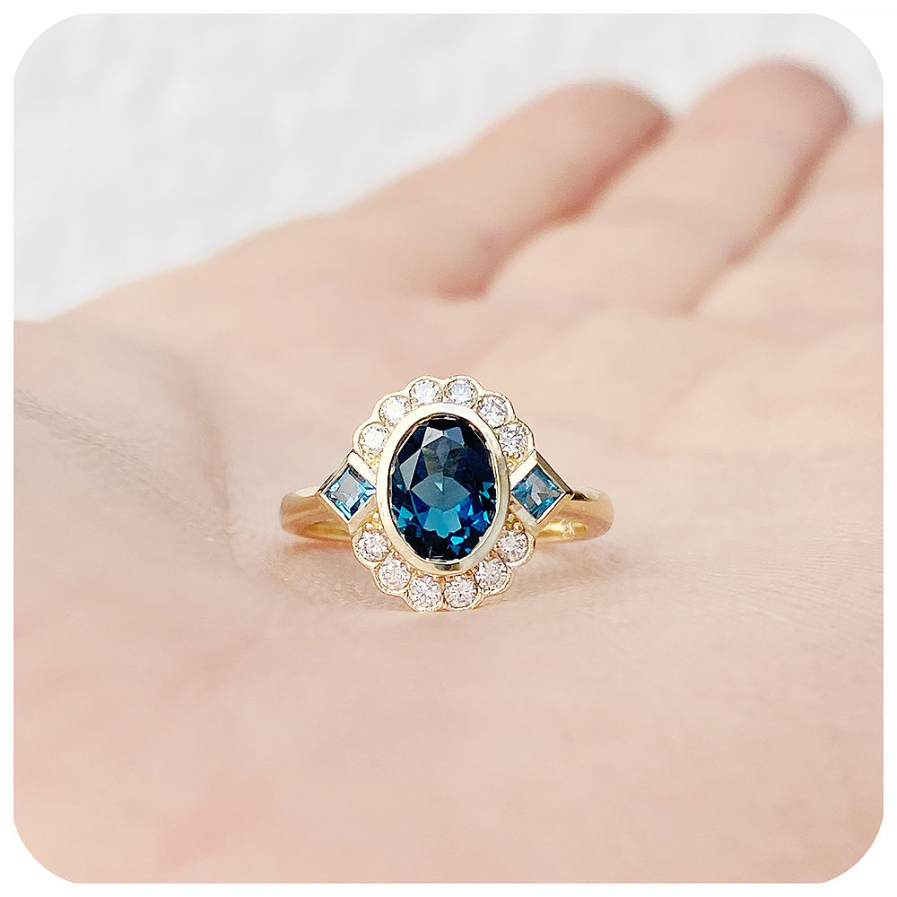 Oval cut Teal London Blue Topaz and Lab Grown Diamond Halo Vintage Engagement Wedding Ring - Victoria's Jewellery