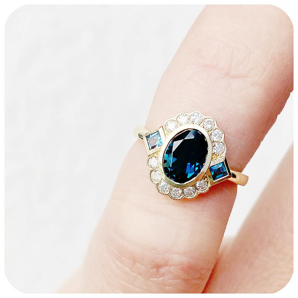 Oval cut Teal London Blue Topaz and Lab Grown Diamond Halo Vintage Engagement Wedding Ring - Victoria's Jewellery