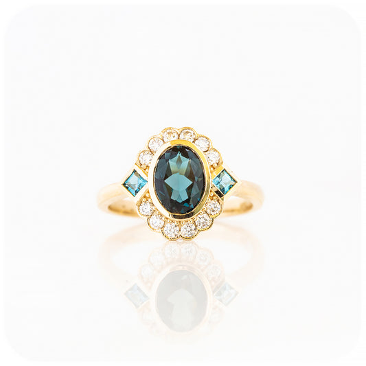 Oval cut Teal London Blue Topaz and Lab Grown Diamond Halo Vintage Engagement Wedding Ring - Victoria's Jewellery