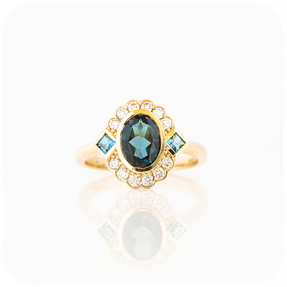 Oval cut Teal London Blue Topaz and Lab Grown Diamond Halo Vintage Engagement Wedding Ring - Victoria's Jewellery