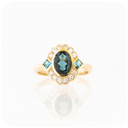 Oval cut Teal London Blue Topaz and Lab Grown Diamond Halo Vintage Engagement Wedding Ring - Victoria's Jewellery