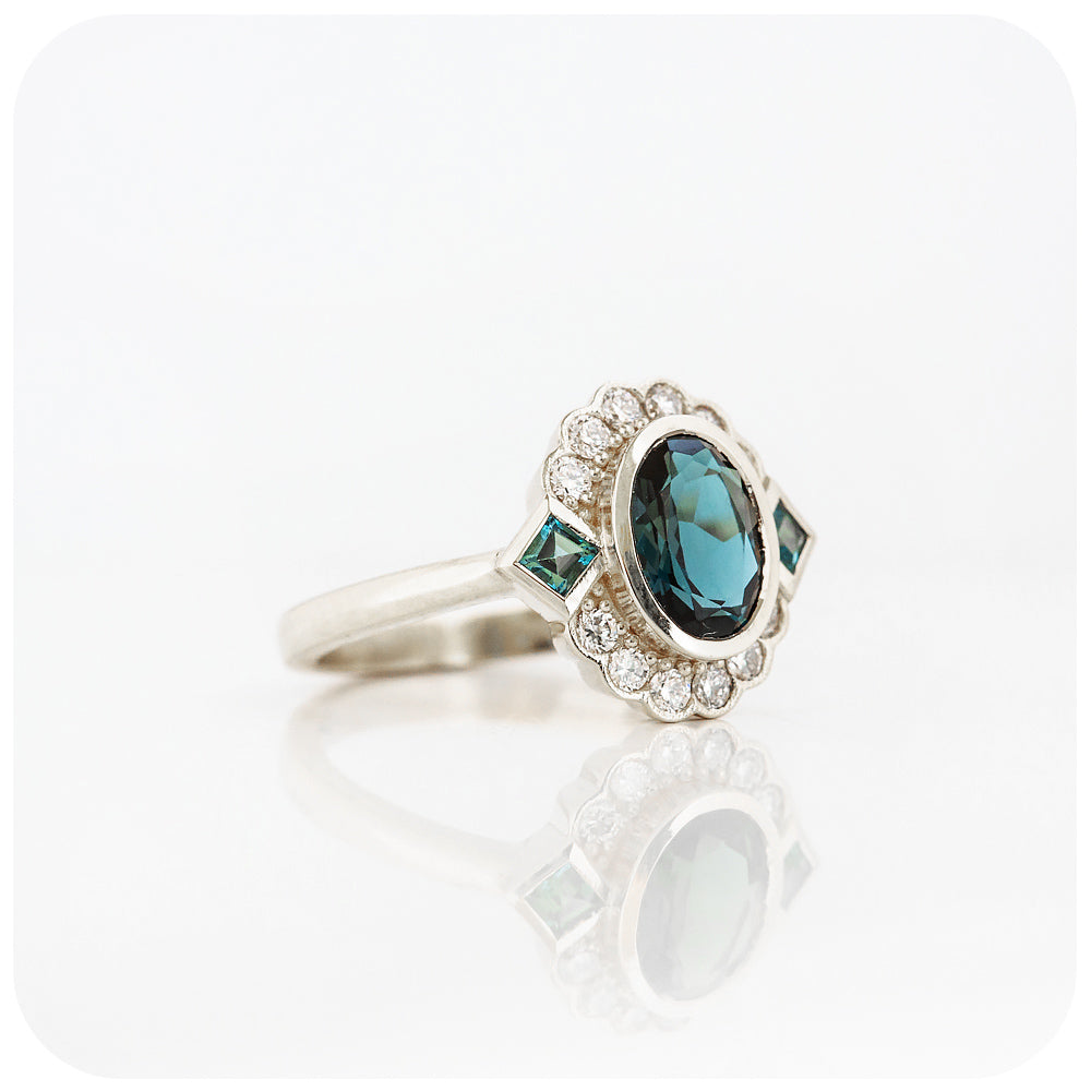 Oval cut Teal London Blue Topaz and Lab Grown Diamond Halo Vintage Engagement Wedding Ring - Victoria's Jewellery