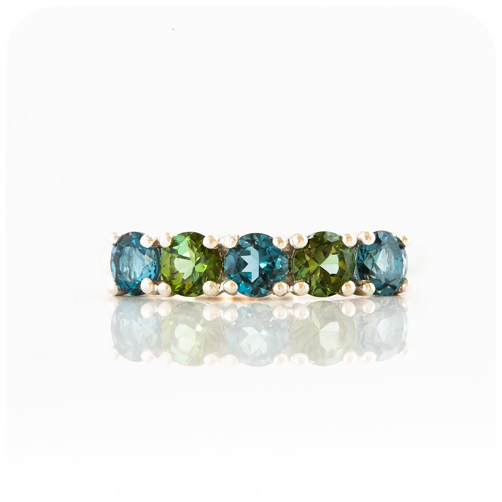 teal london blue topaz and green tourmaline round cut half eternity anniversary ring