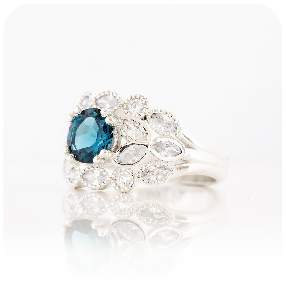 Teal London Blue Topaz and Moissanite Cocktail Dress Ring - Victoria's JewelleryaOval cut Teal London Blue Topaz and Lab Grown Diamond Halo Vintage Engagement Wedding Ring - Victoria's Jewellery