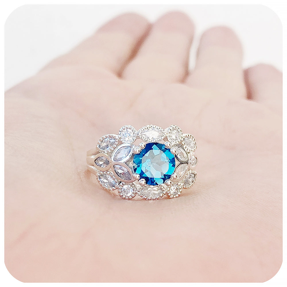 Teal London Blue Topaz and Moissanite Cocktail Dress Ring - Victoria's JewelleryaOval cut Teal London Blue Topaz and Lab Grown Diamond Halo Vintage Engagement Wedding Ring - Victoria's Jewellery