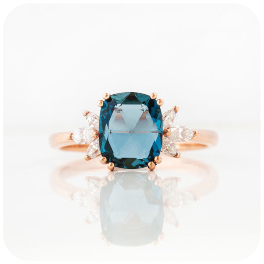 Cushion cut London Blue Topaz and Moissanite Flower Engagement Ring - Victoria's Jewellery