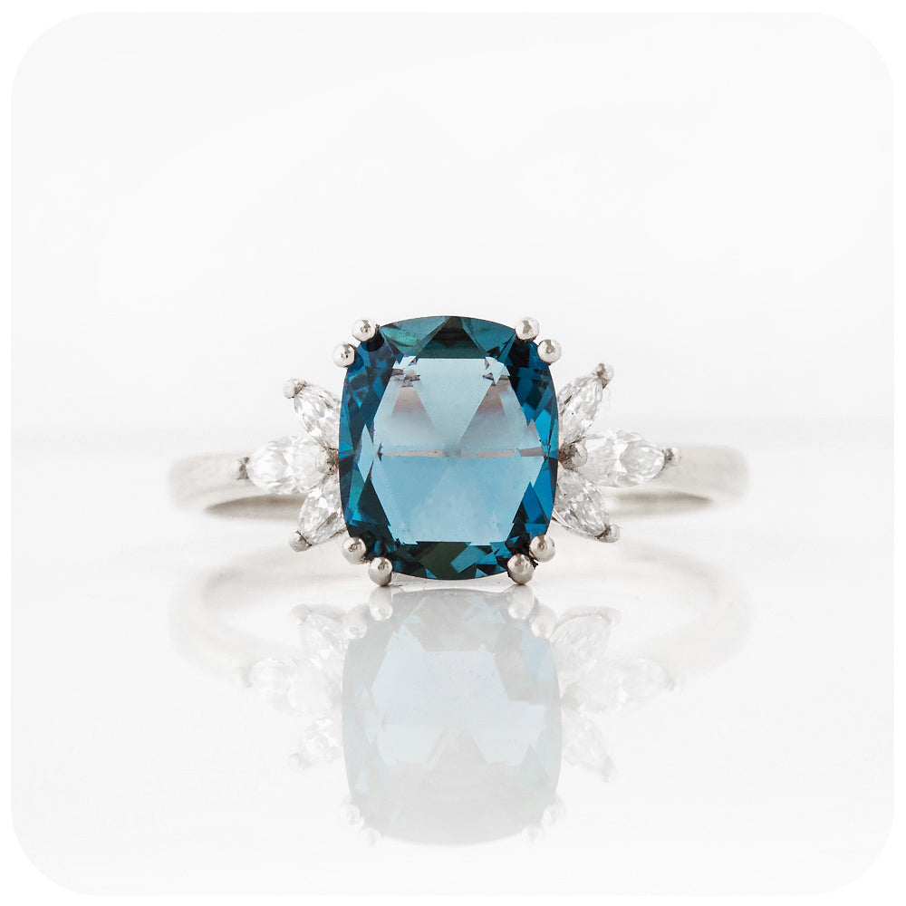 Cushion cut London Blue Topaz and Moissanite Flower Engagement Ring - Victoria's Jewellery