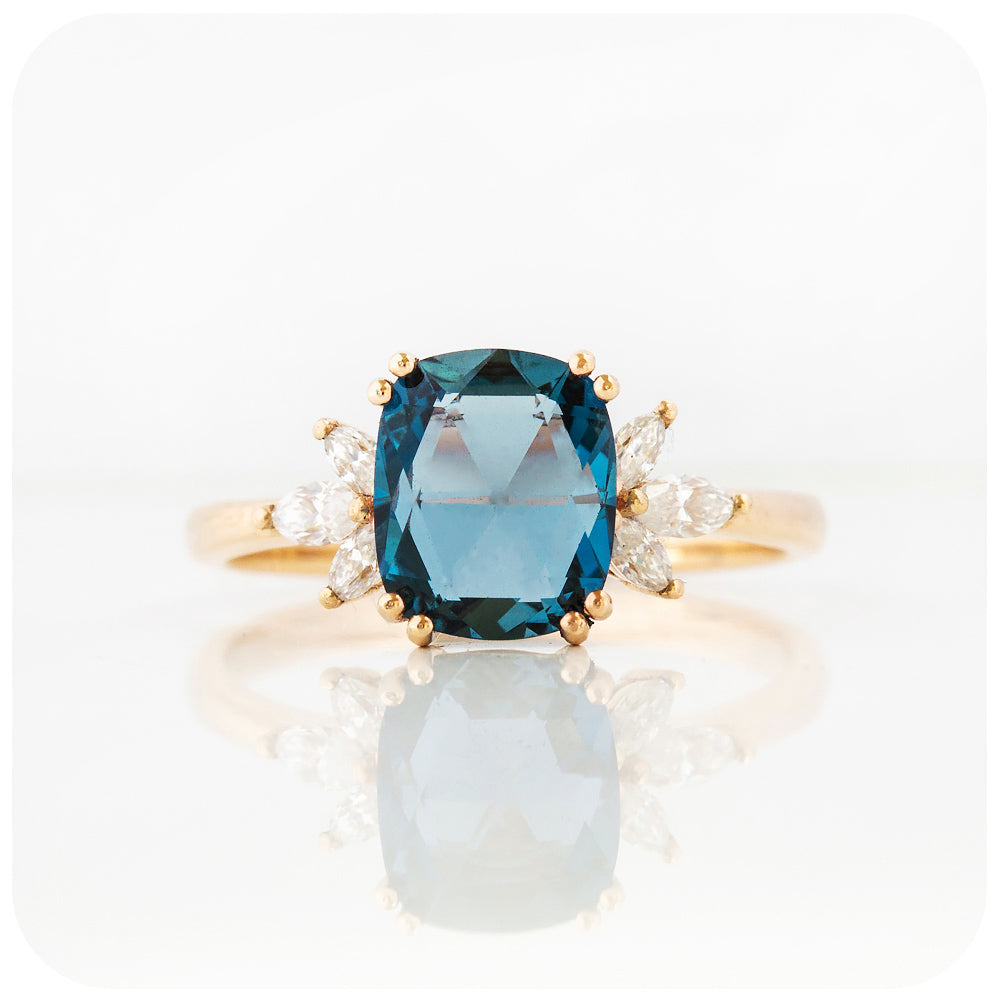 Cushion cut London Blue Topaz and Moissanite Flower Engagement Ring - Victoria's Jewellery