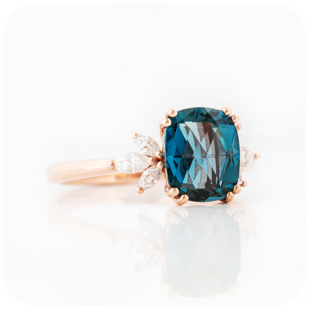 Cushion cut London Blue Topaz and Moissanite Flower Engagement Ring - Victoria's Jewellery