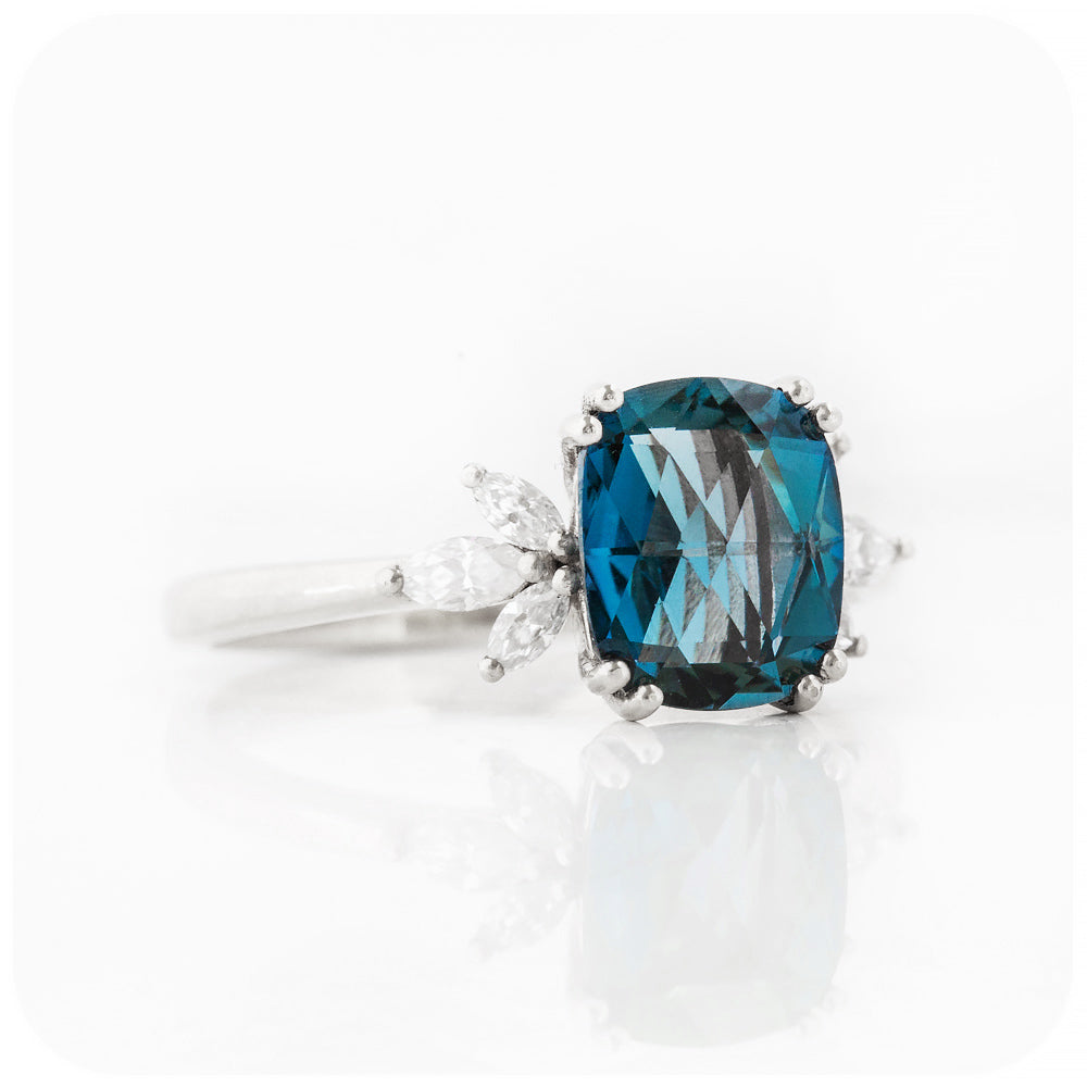 Cushion cut London Blue Topaz and Moissanite Flower Engagement Ring - Victoria's Jewellery