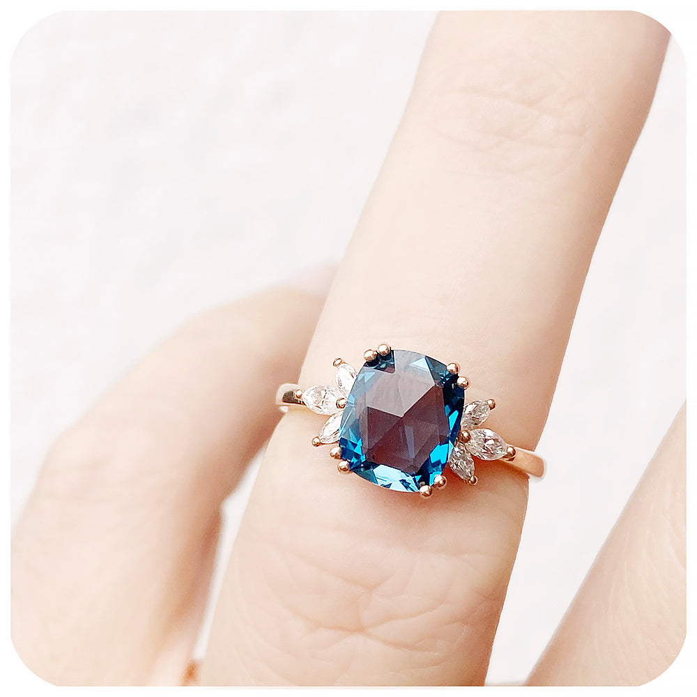 Cushion cut London Blue Topaz and Moissanite Flower Engagement Ring - Victoria's Jewellery