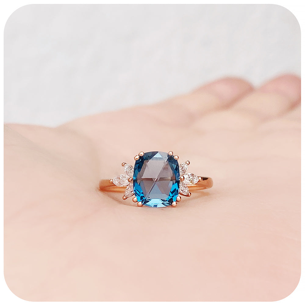 Cushion cut London Blue Topaz and Moissanite Flower Engagement Ring - Victoria's Jewellery