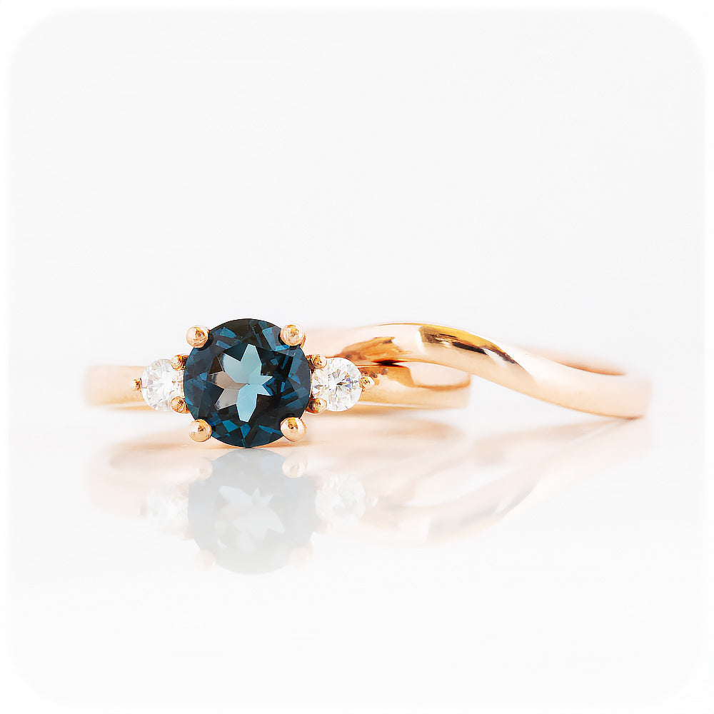 Round cut London Blue Topaz and Moissanite Trilogy Engagement and Wedding Ring Set - Victoria's Jewellery