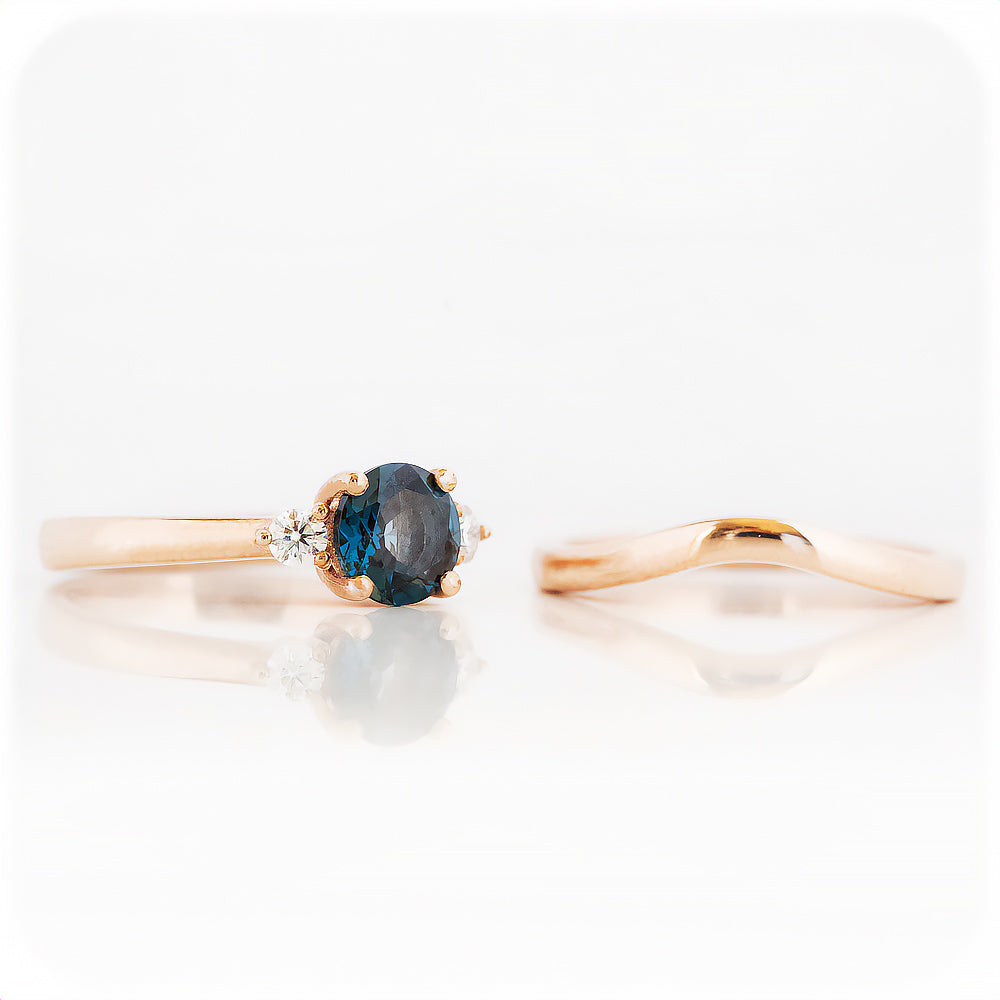 Round cut London Blue Topaz and Moissanite Trilogy Engagement and Wedding Ring Set - Victoria's Jewellery