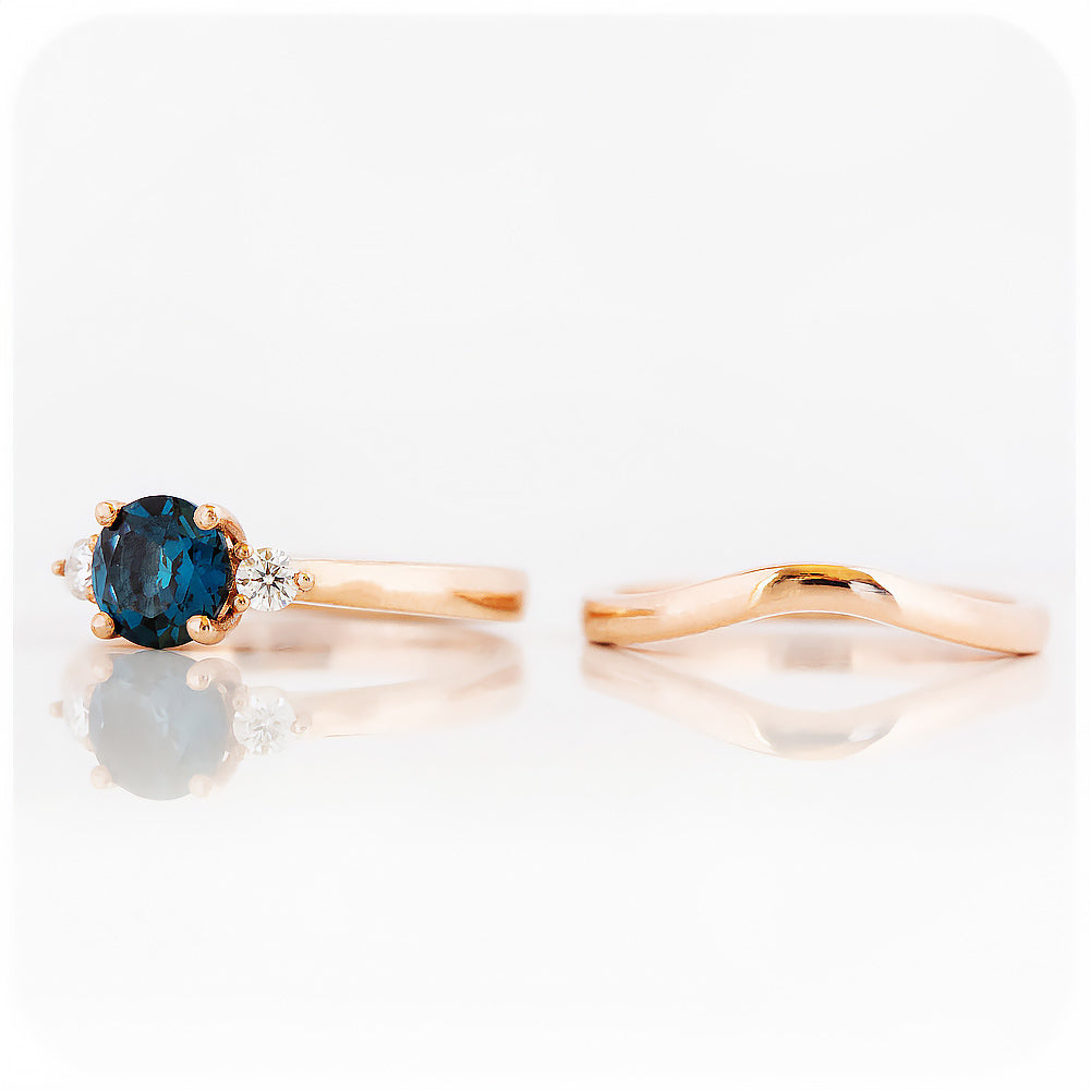 Round cut London Blue Topaz and Moissanite Trilogy Engagement and Wedding Ring Set - Victoria's Jewellery
