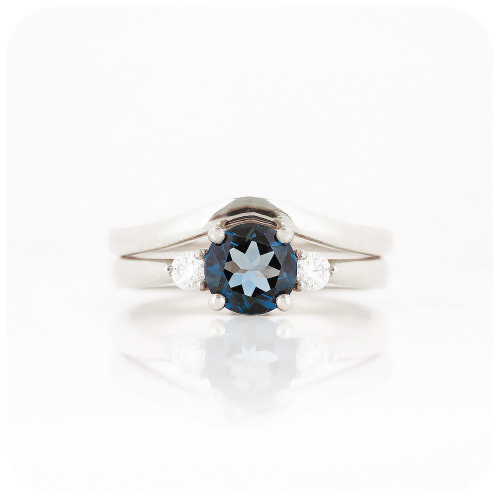 Round cut London Blue Topaz and Moissanite Trilogy Engagement and Wedding Ring Set - Victoria's Jewellery