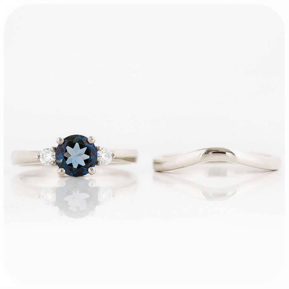 Round cut London Blue Topaz and Moissanite Trilogy Engagement and Wedding Ring Set - Victoria's Jewellery