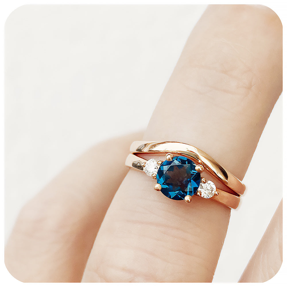 Round cut London Blue Topaz and Moissanite Trilogy Engagement and Wedding Ring Set - Victoria's Jewellery