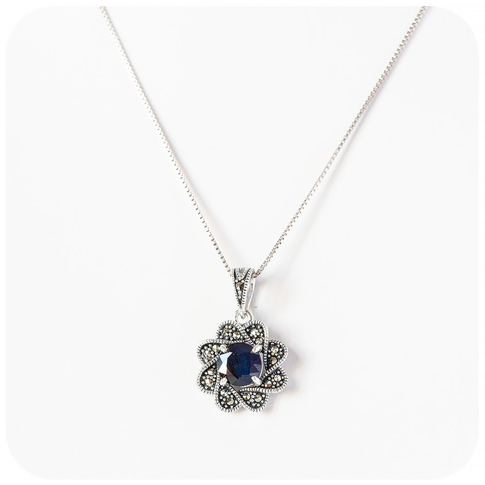 Marcasite and Blue Sapphire Flower Pendant