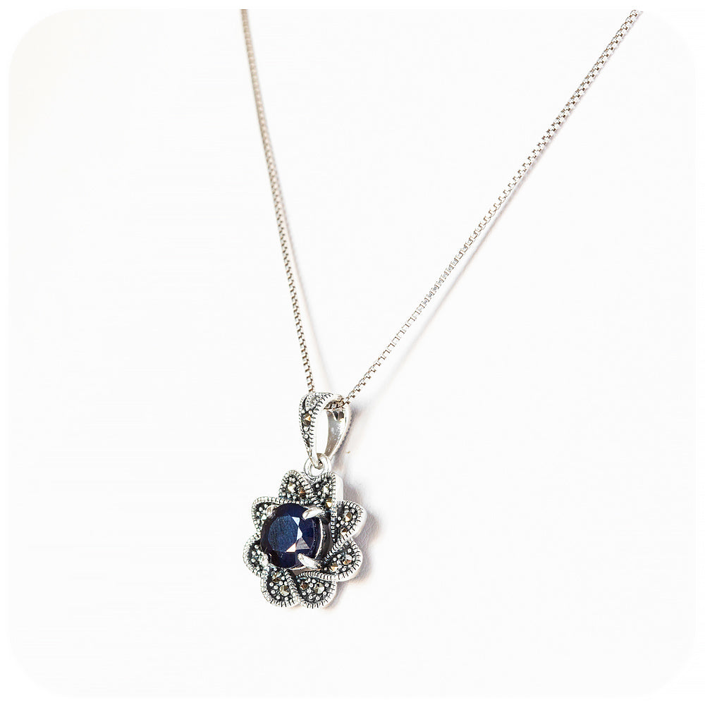 Marcasite and Blue Sapphire Flower Pendant