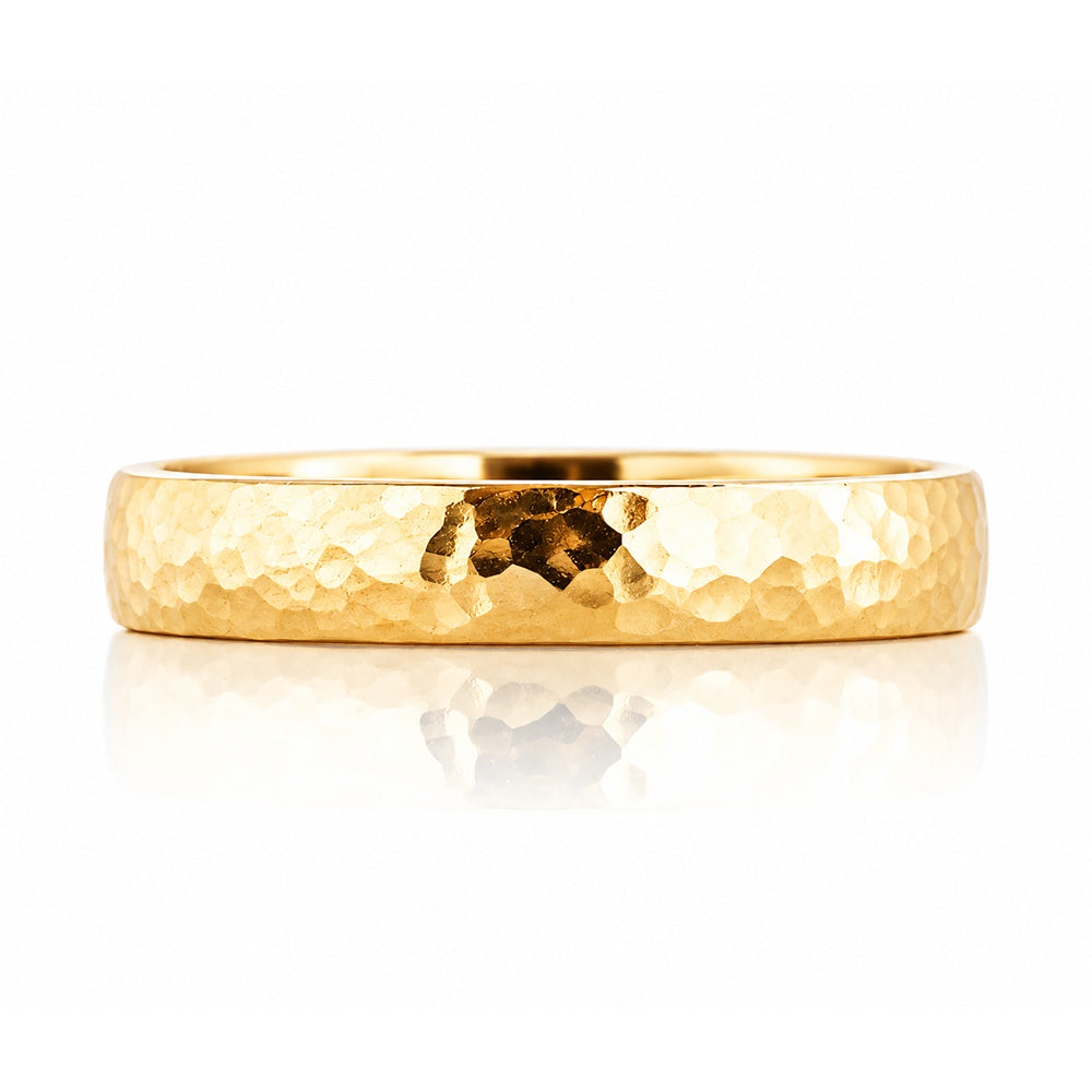 James, a Men's Comfort Fit Gold Wedding Band - Hammered - Victoria's Jewellery