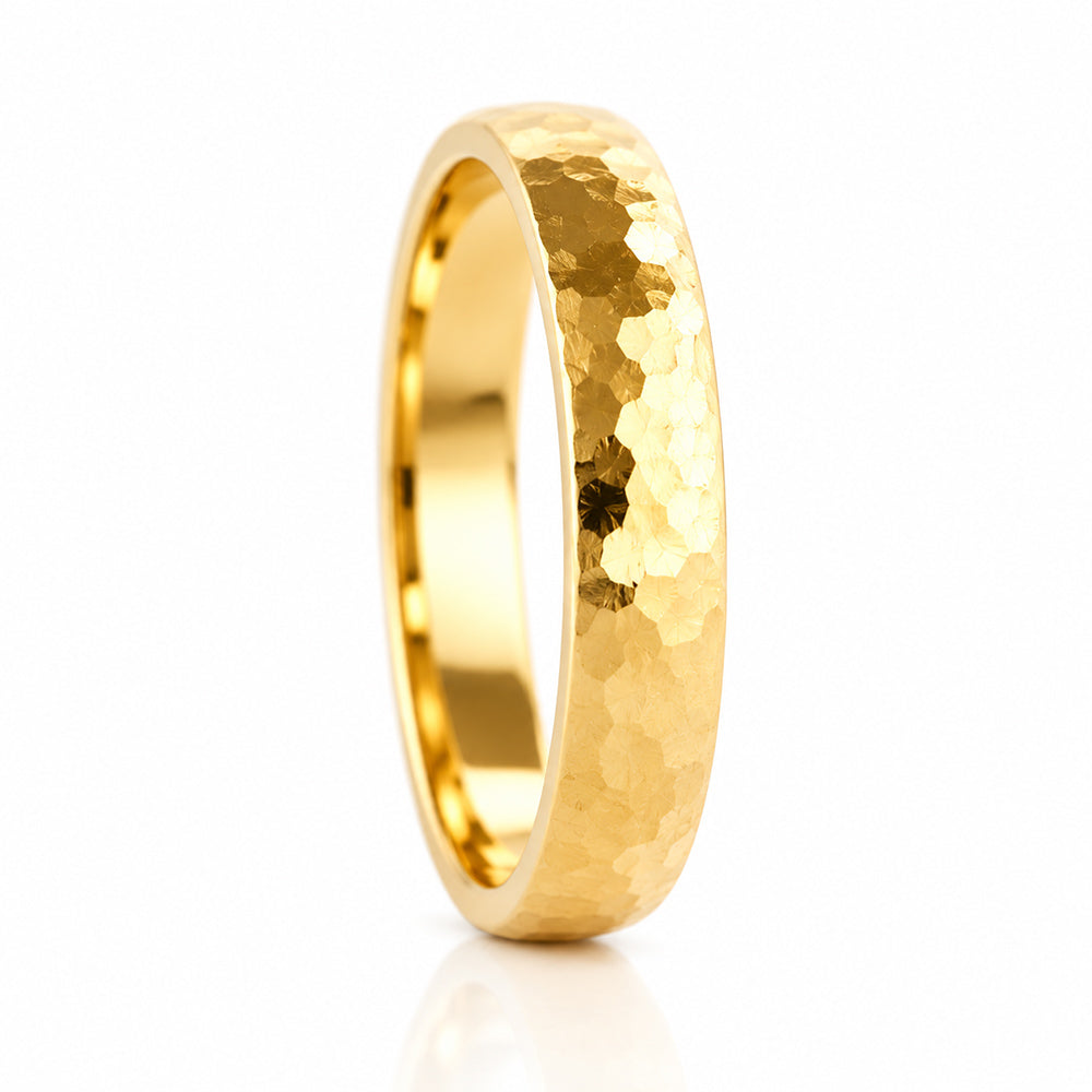 James, a Men's Comfort Fit Gold Wedding Band - Hammered - Victoria's Jewellery