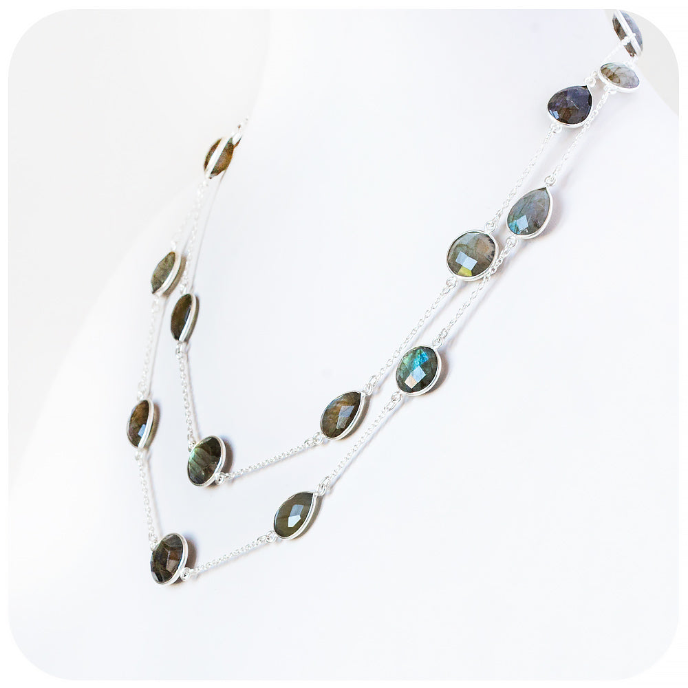 Mixed Round and Pear cut Labradorite Rope Necklace - Victoria's Jewellery