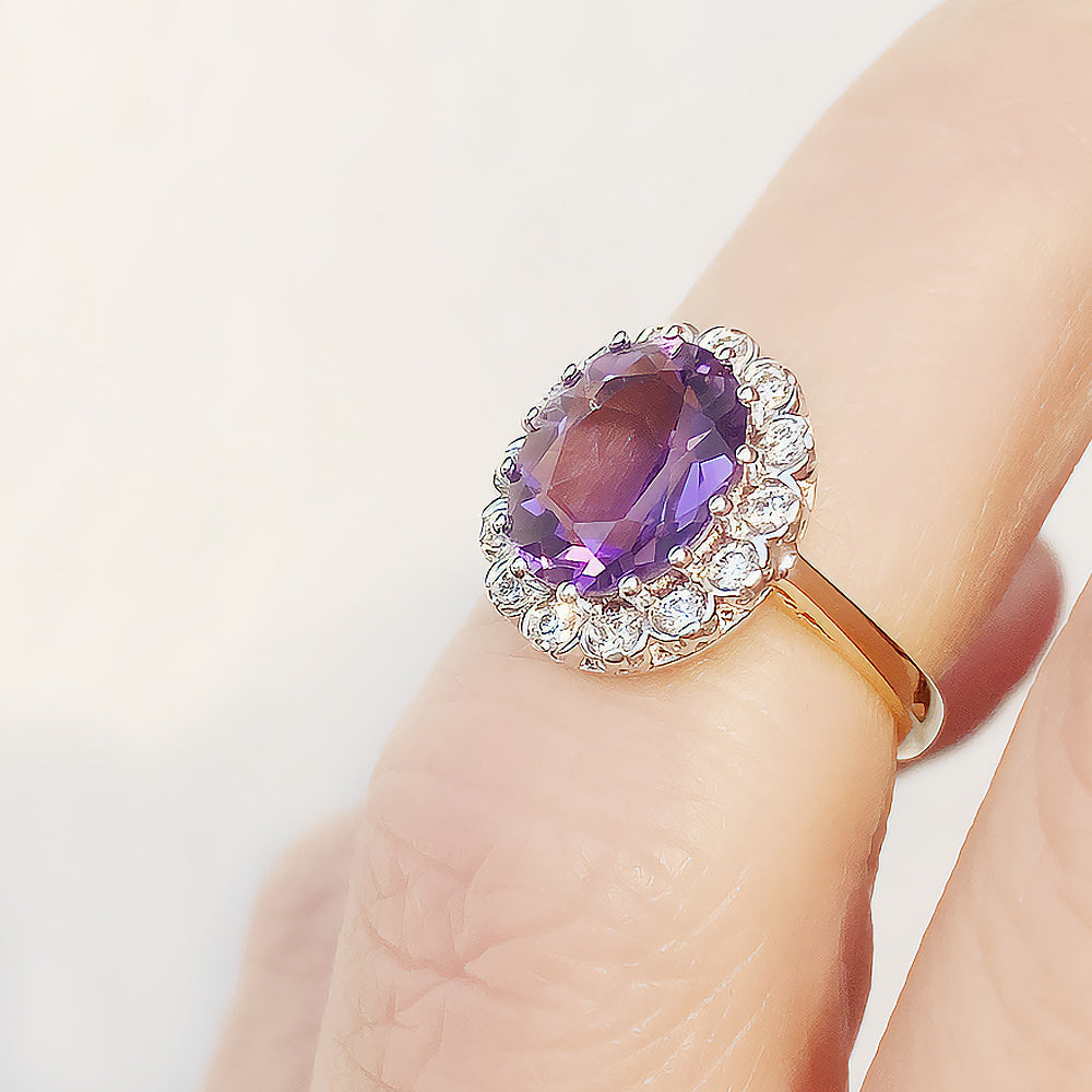 Athena, Amethyst and Diamond Halo Ring - Victoria's Jewellery