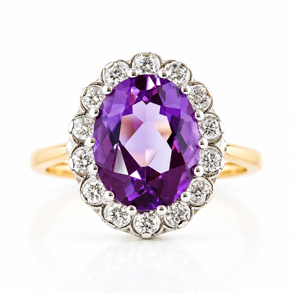 Athena, Amethyst and Diamond Halo Ring - Victoria's Jewellery