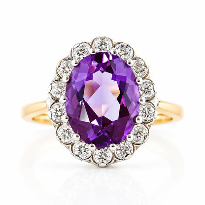 Athena, Amethyst and Diamond Halo Ring - Victoria's Jewellery