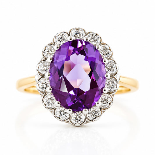 Athena, Amethyst and Diamond Halo Ring - Victoria's Jewellery