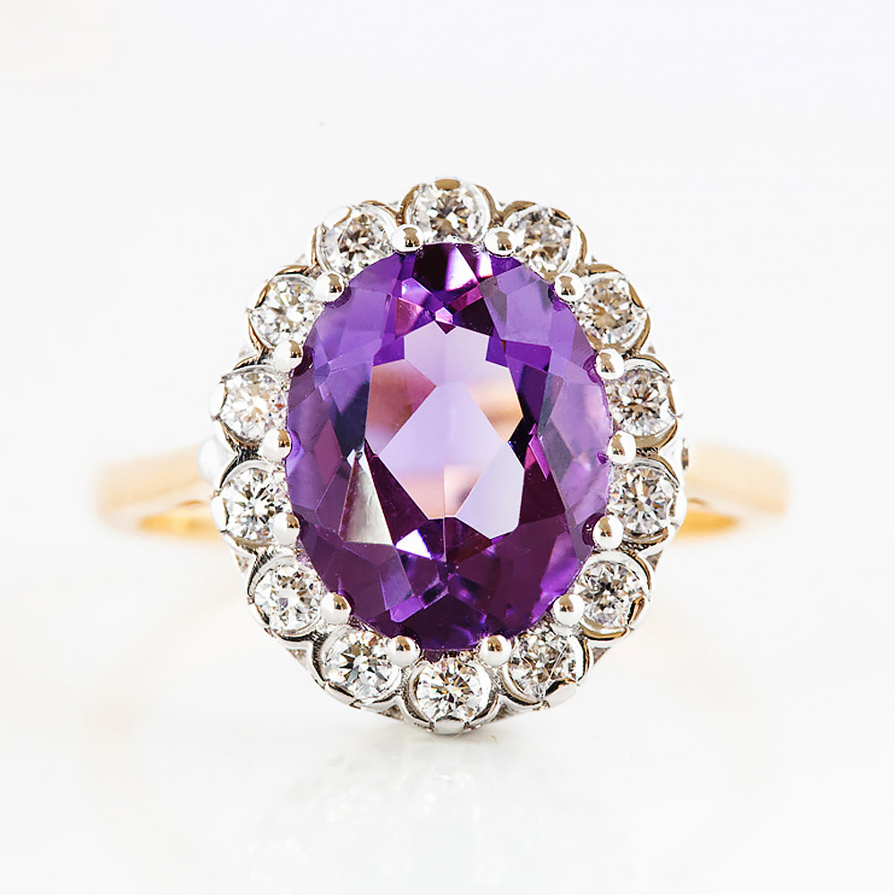 Athena, Amethyst and Diamond Halo Ring - Victoria's Jewellery