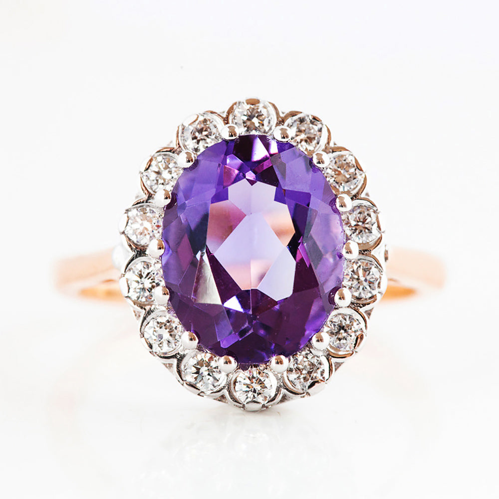 Athena, Amethyst and Diamond Halo Ring - Victoria's Jewellery