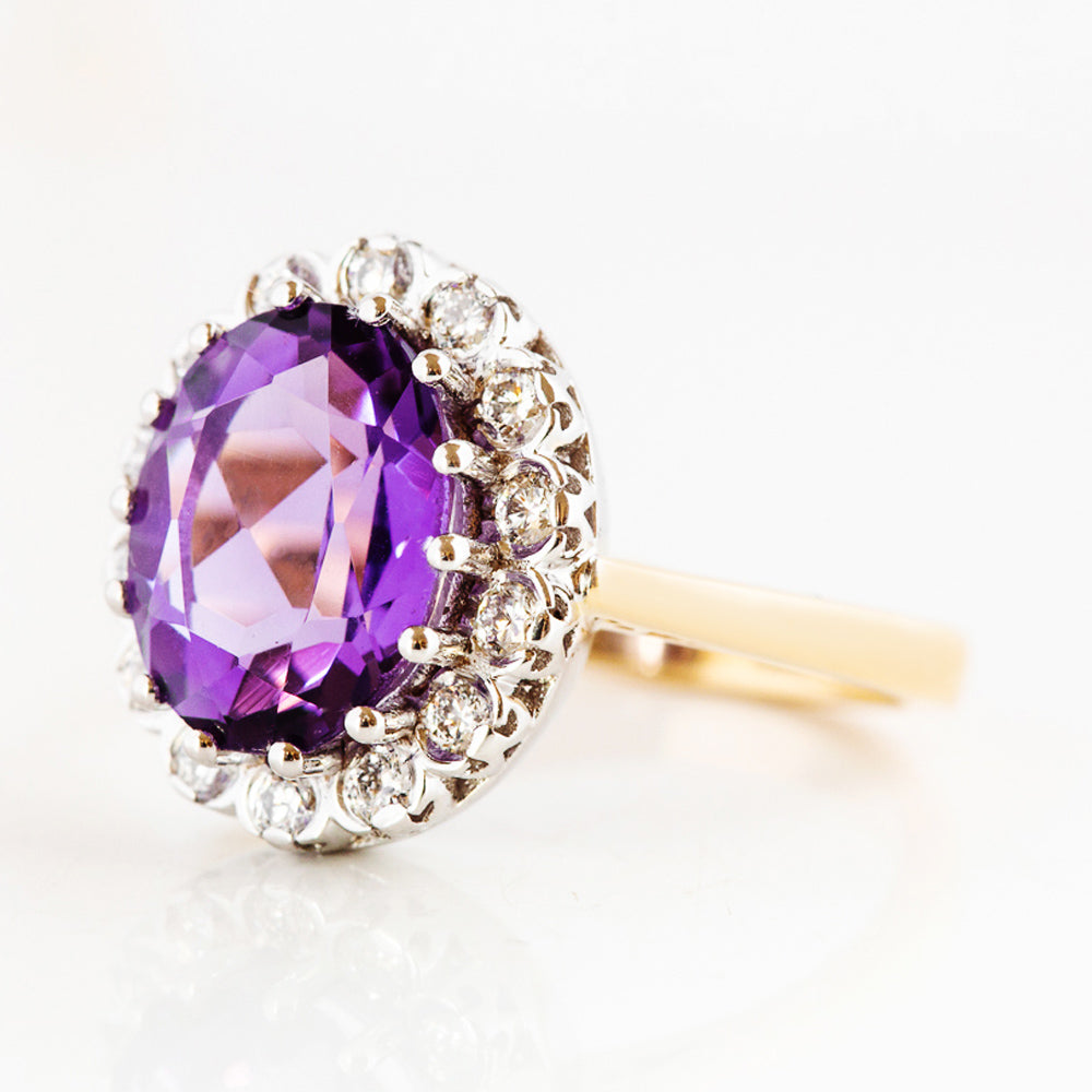Athena, Amethyst and Diamond Halo Ring - Victoria's Jewellery