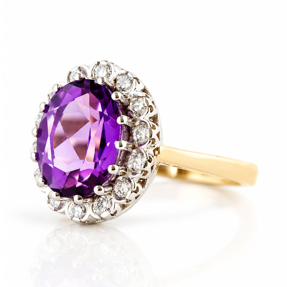 Athena, Amethyst and Diamond Halo Ring - Victoria's Jewellery